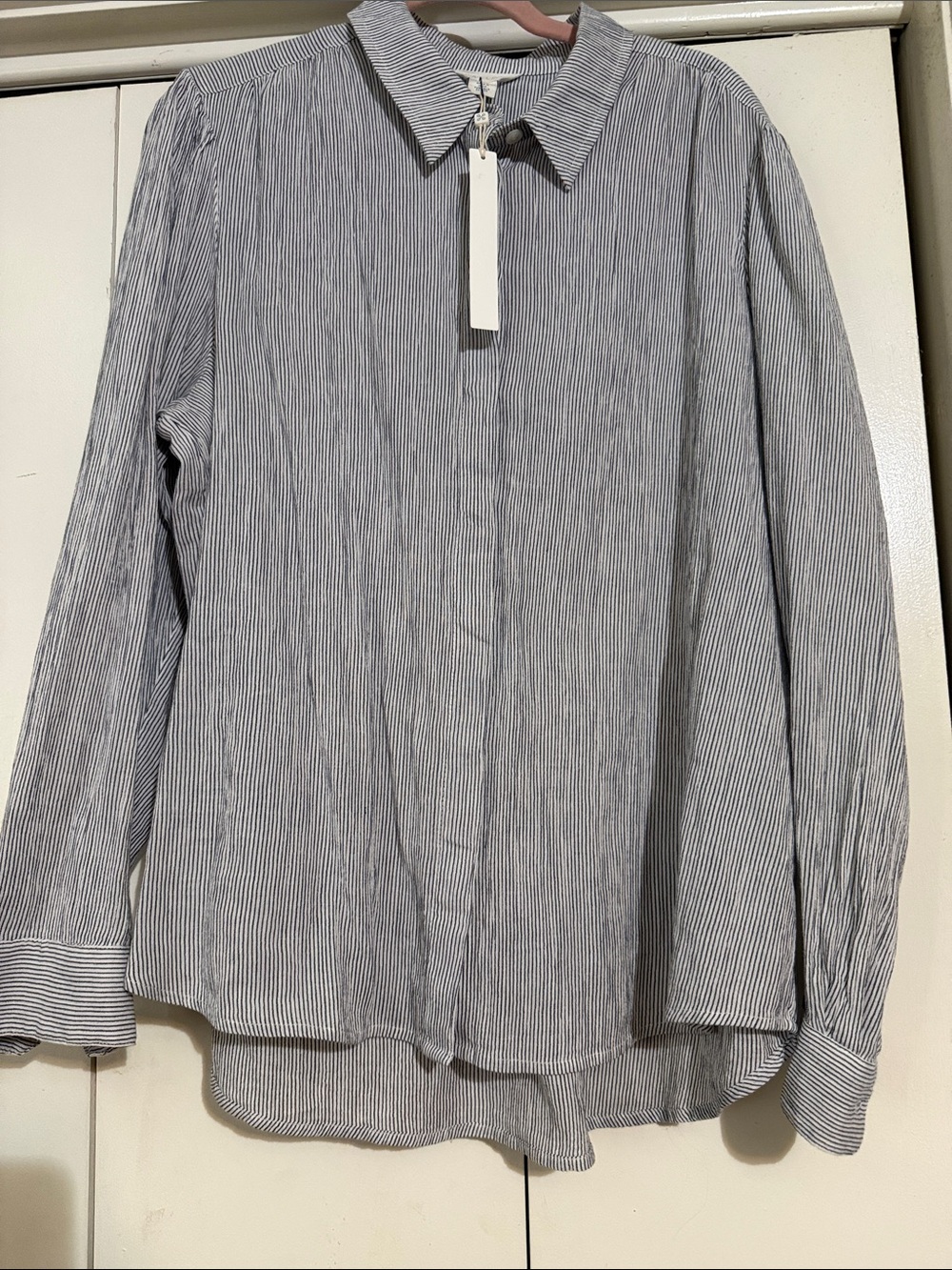 Caslon Women's Blue and White Pinstripe Button-Down Shirt